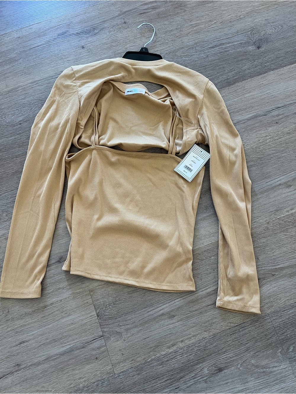 Society Beige Ribbed Long Sleeve Cutout Top